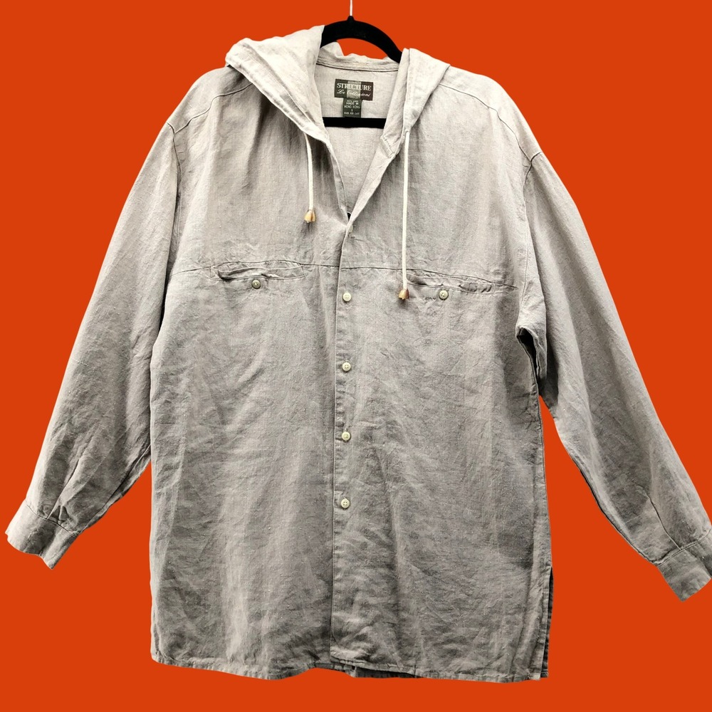 Vintage 90s Structure 100% Linen Hooded Button Down Shirt Taupe Mens S M L